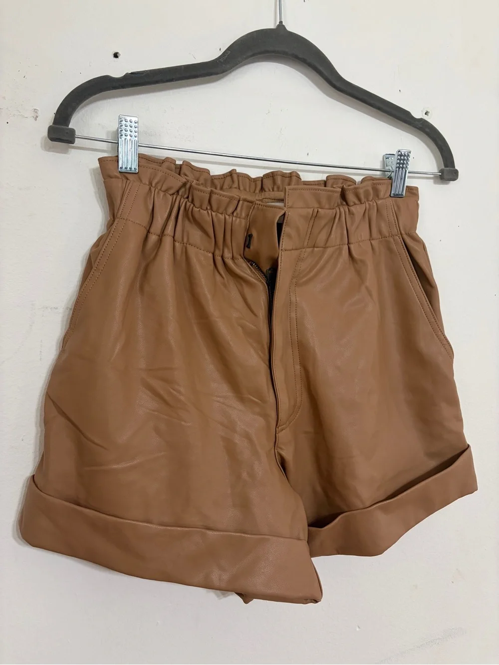 Abercrombie & Fitch Tan High-Waist Faux Leather Paperbag Shorts